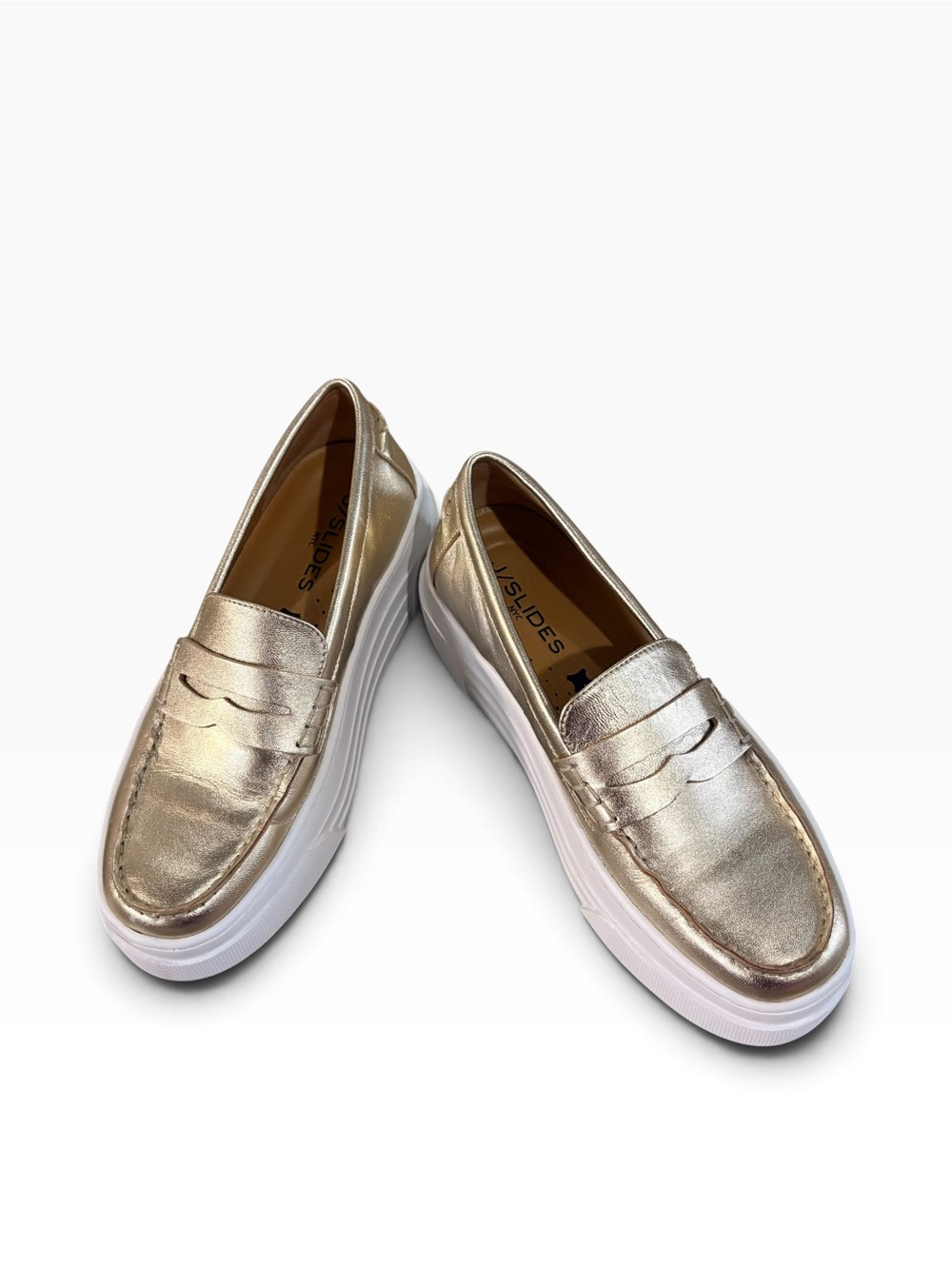 J/Slides,  Vicky Platform Leather Penny Loafers, Metallic Gold, Size 7